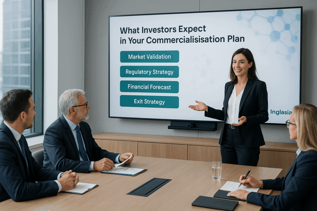 Inglasia consultant presenting a pharmaceutical commercialisation plan to investors, highlighting market validation, regulatory strategy, financial forecast, and exit strategy in a biotech boardroom meeting.