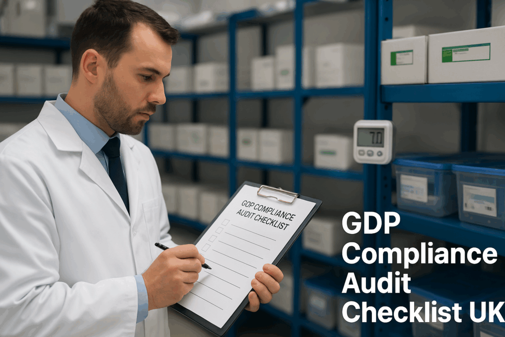 A professional consultant conducting a Good Distribution Practice (GDP) audit in a pharmaceutical warehouse, checking compliance documents and inventory control.