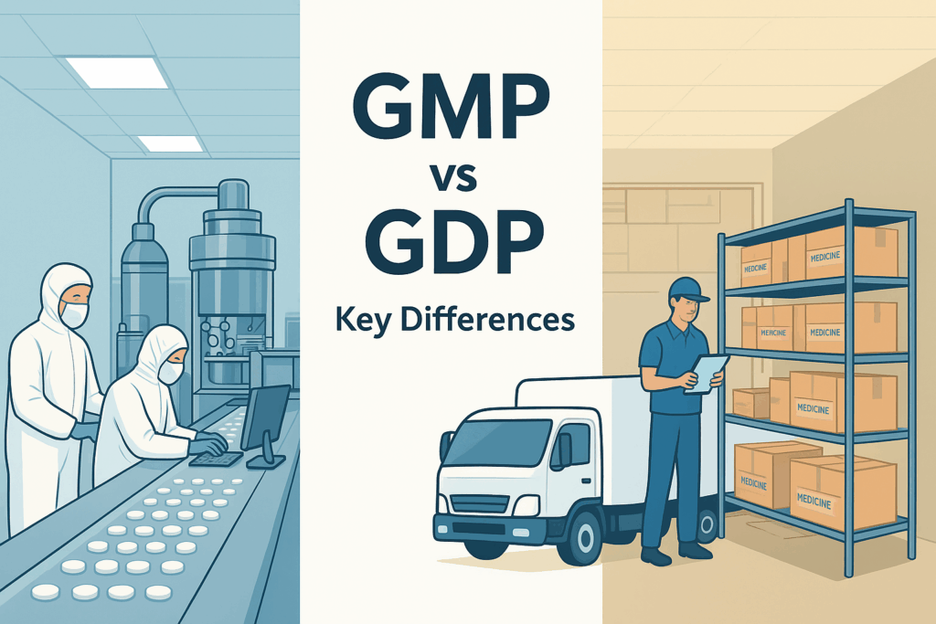 Visual comparison of GMP and GDP in the pharmaceutical industry, showing manufacturing controls versus distribution practices for compliance and product safety.